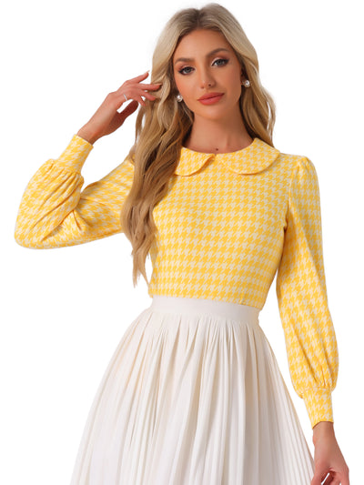 Peter Pan Collar Houndstooth Plaid Long Sleeve Button Back Blouse