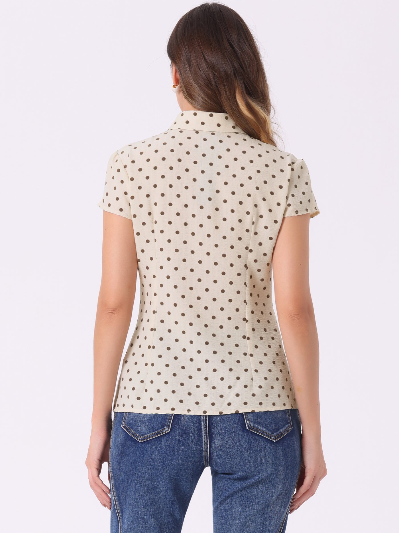 Allegra K Short Sleeve Tops Vintage Polka Dots Button Up Shirt