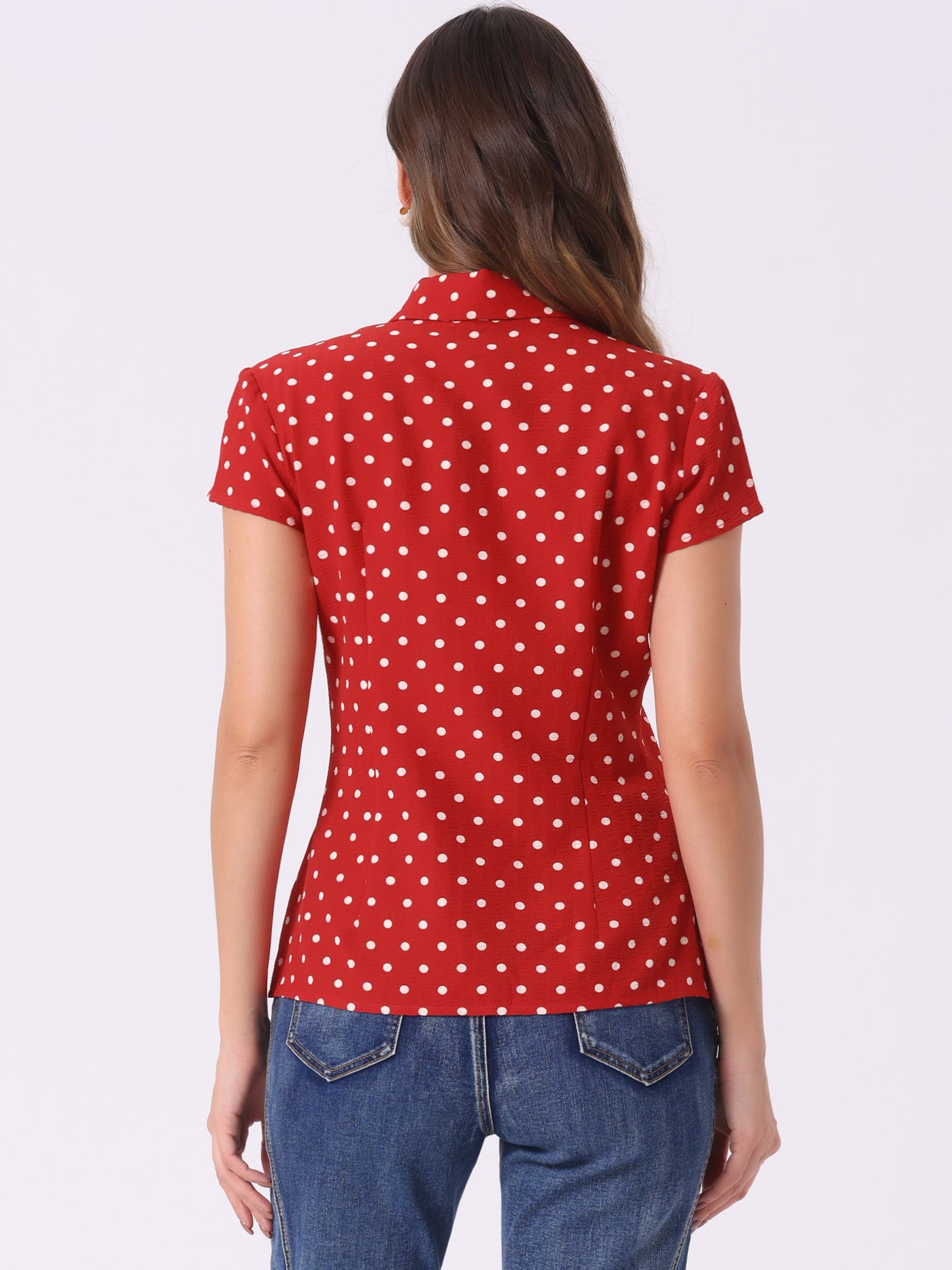 Allegra K Short Sleeve Tops Vintage Polka Dots Button Up Shirt