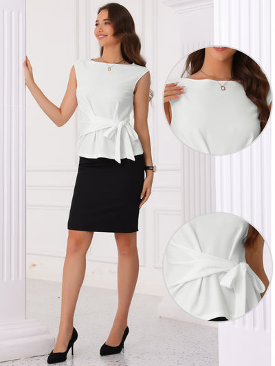 Tie Front Boat Neck Sleeveless Work Blouse