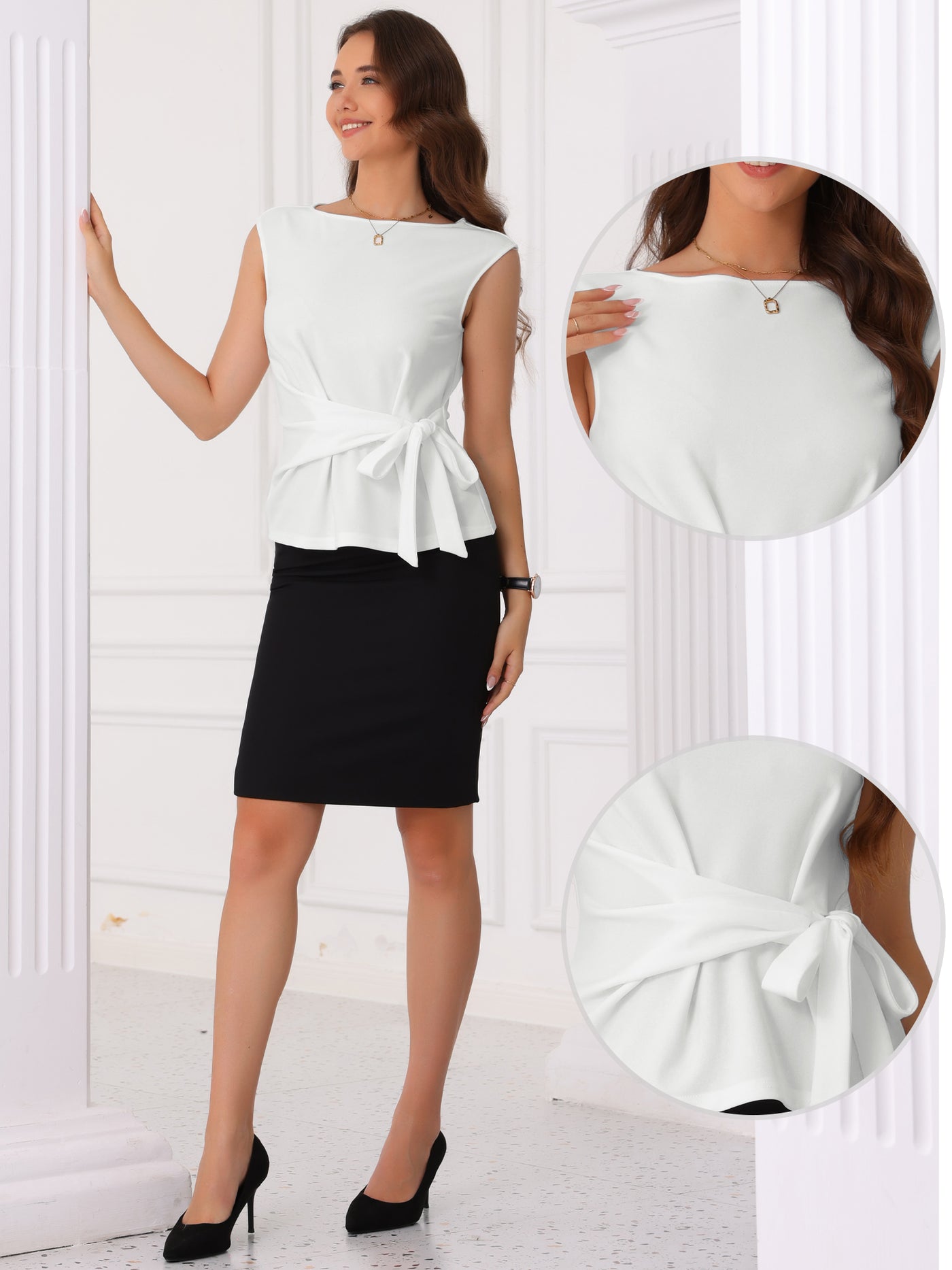 Allegra K Tie Front Boat Neck Sleeveless Work Blouse