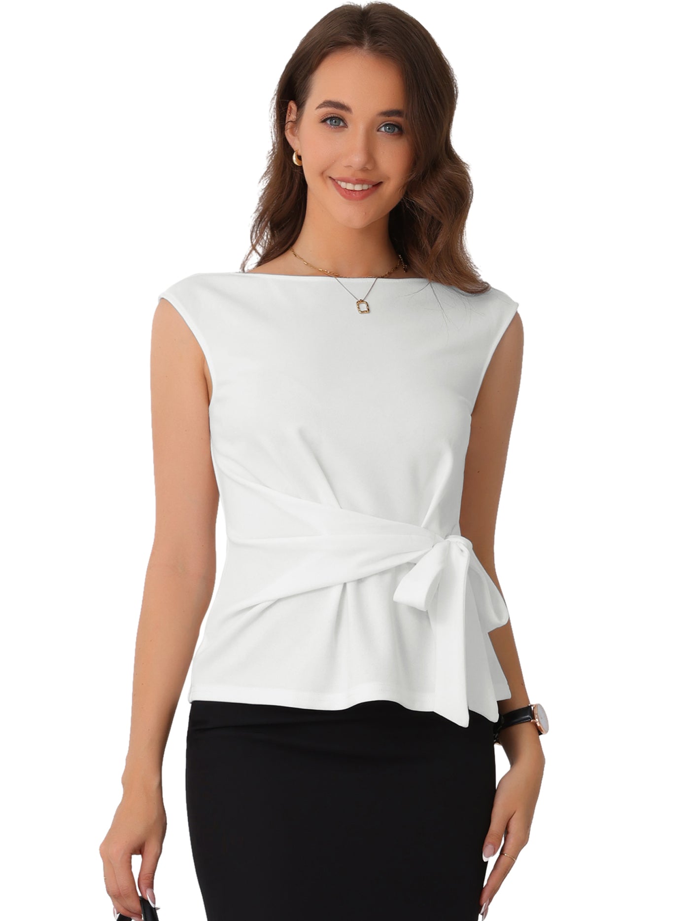 Allegra K Tie Front Boat Neck Sleeveless Work Blouse