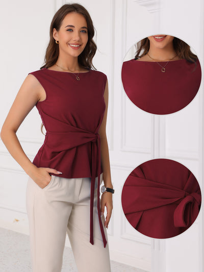 Tie Front Boat Neck Sleeveless Work Blouse