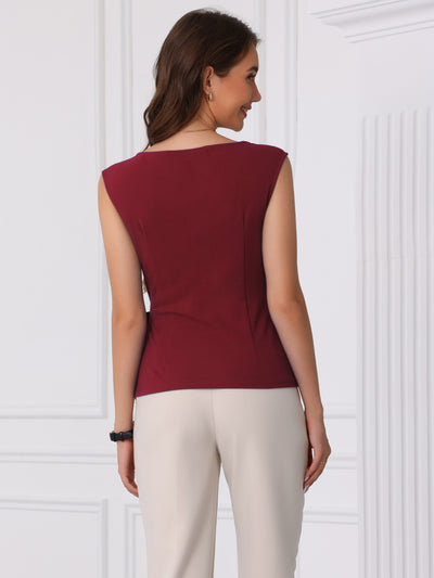 Tie Front Boat Neck Sleeveless Work Blouse