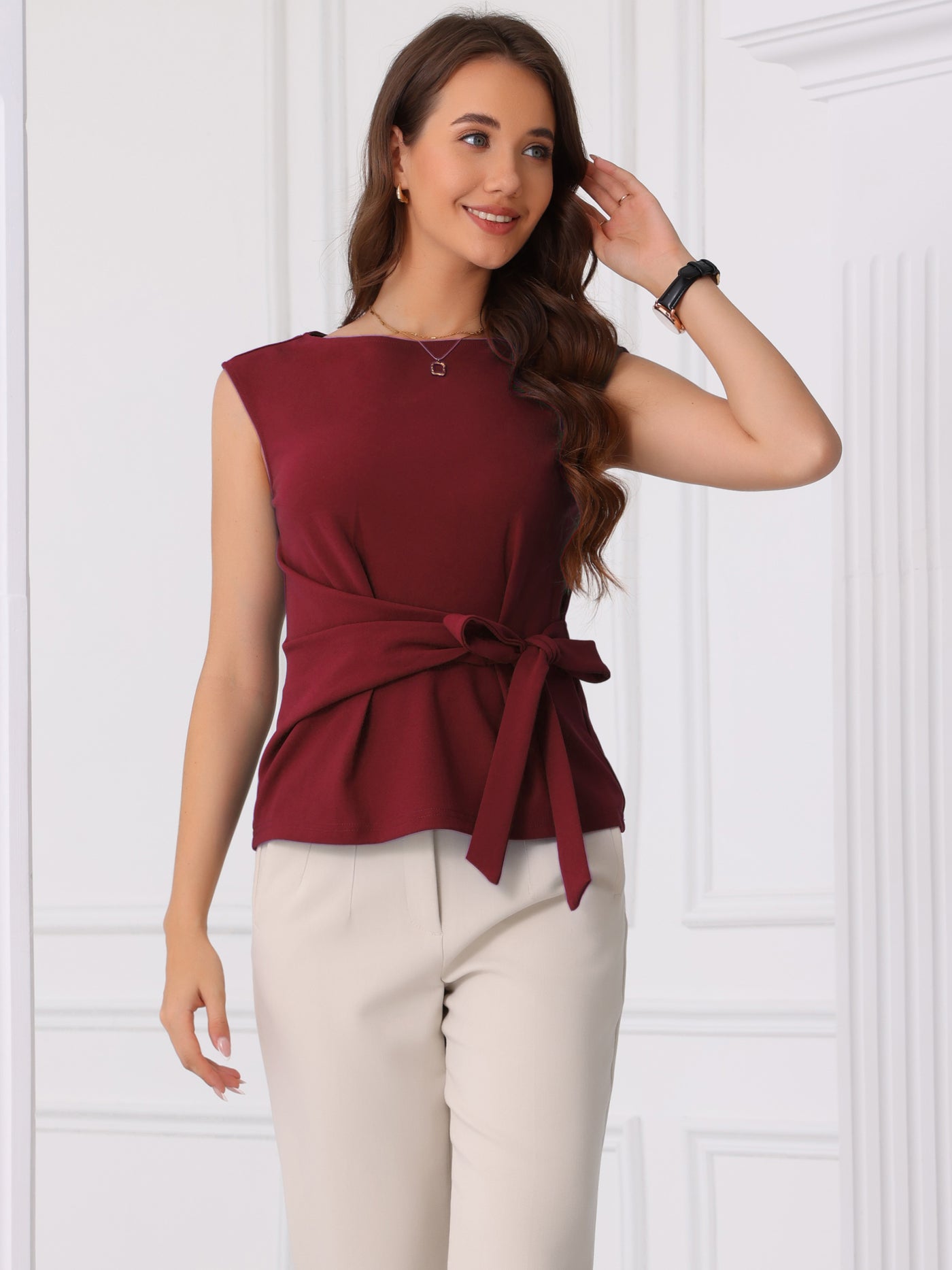 Allegra K Tie Front Boat Neck Sleeveless Work Blouse