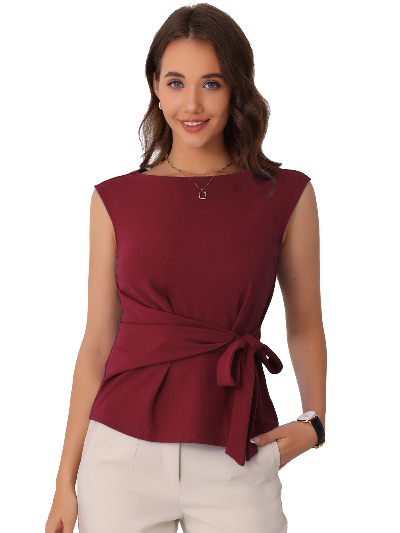 Allegra K Tie Front Boat Neck Sleeveless Work Blouse