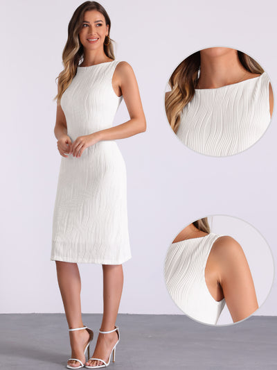 Sleeveless Boat Neck Textured Midi Sheath Dress