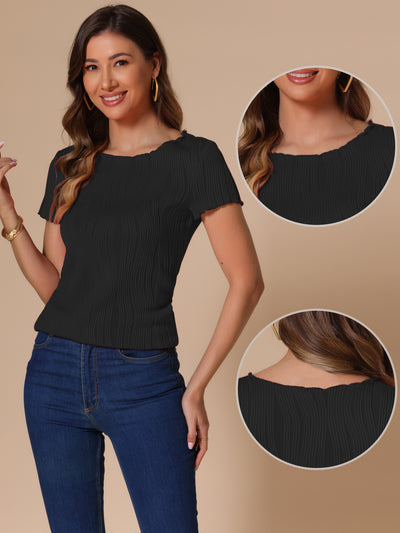 Short Sleeve Round Neck Textured Solid Color Blouse