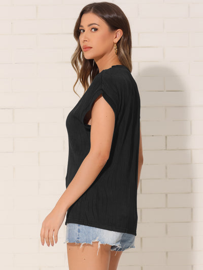 Textured Cap Sleeve Crew Neck Solid Color Blouse