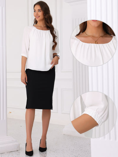 3/4 Sleeve Round Neck Ruched Work Blouse