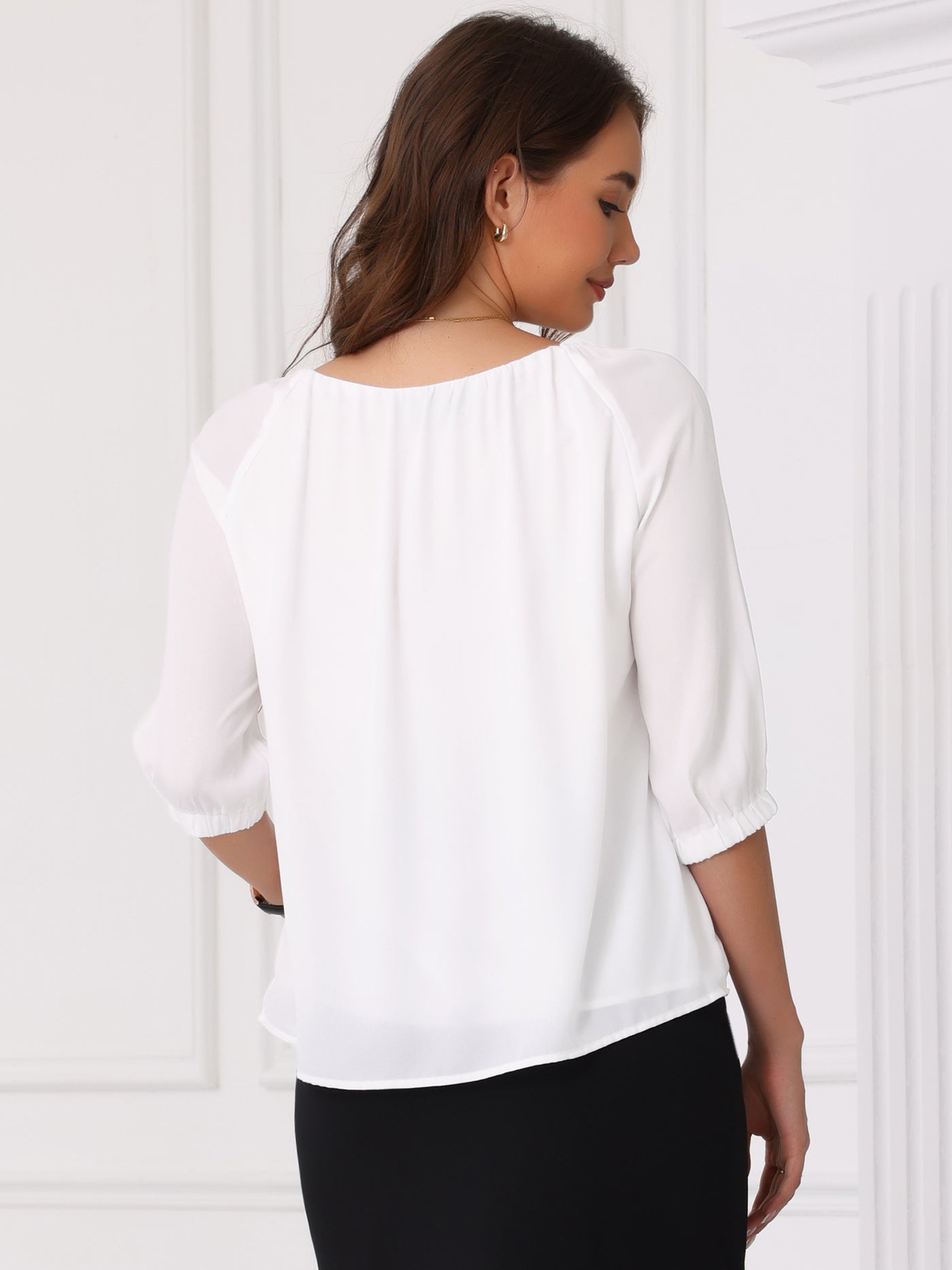 Allegra K 3/4 Sleeve Round Neck Ruched Work Blouse