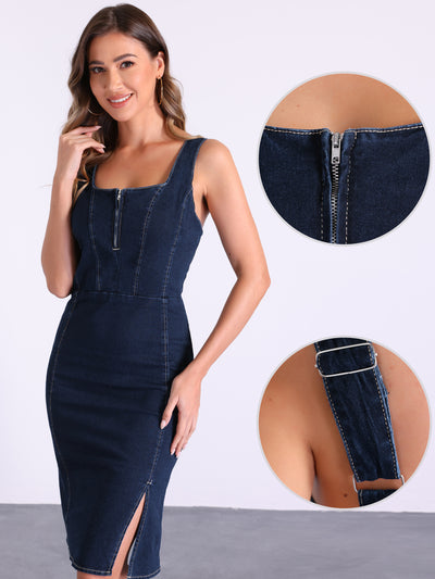 Zipper Neck Slit Sleeveless Bodycon Denim Jeans Dress