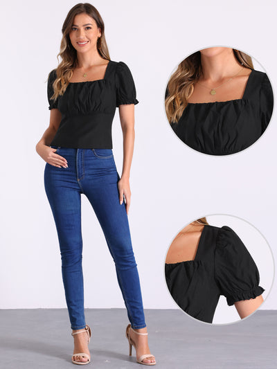 Square Neck Ruched Puff Sleeve Cropped Blouse