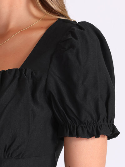 Square Neck Ruched Puff Sleeve Cropped Blouse