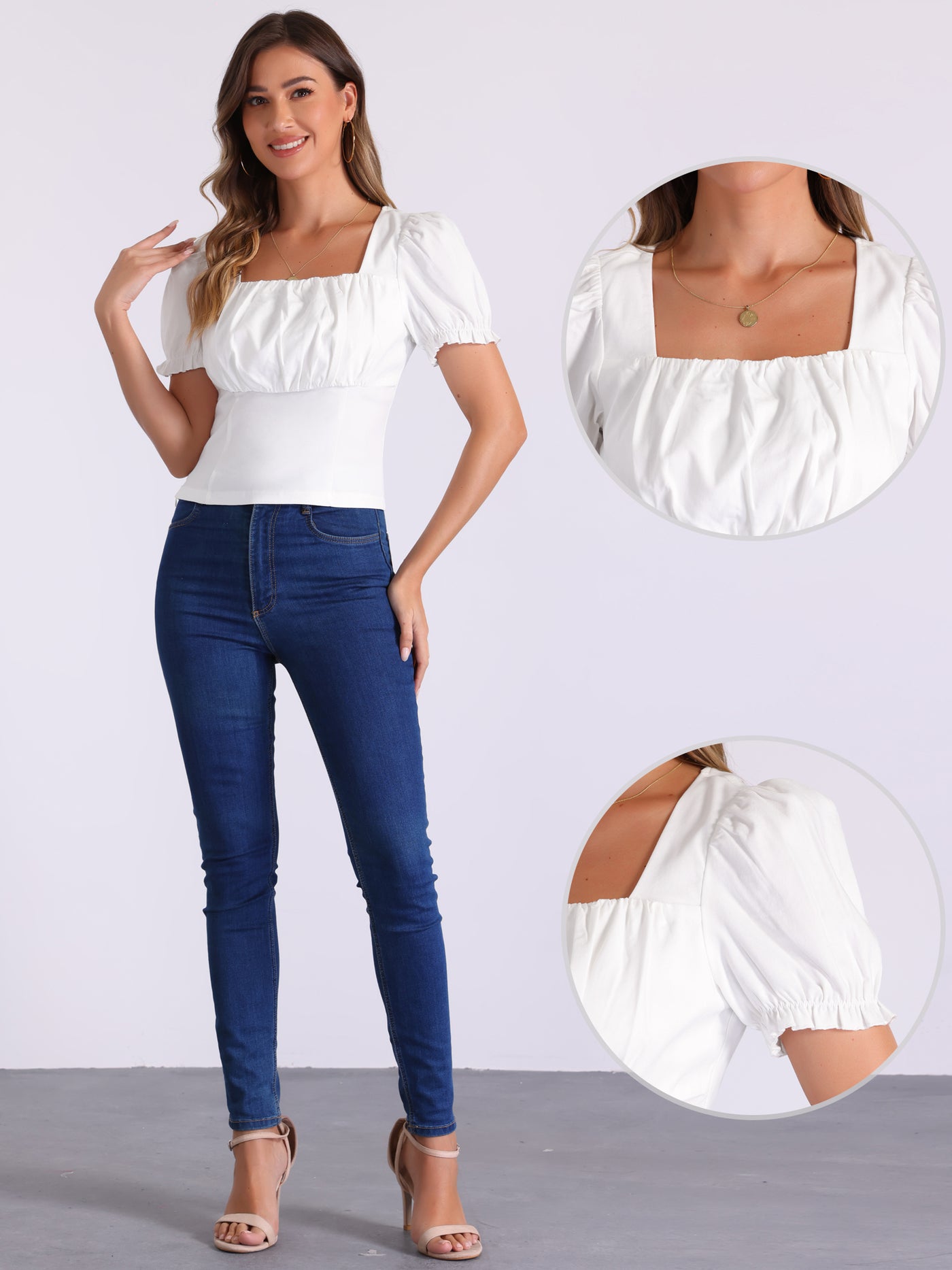 Allegra K Square Neck Ruched Puff Sleeve Cropped Blouse