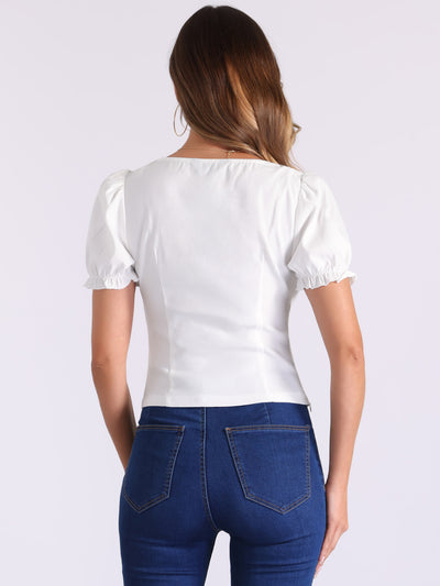 Square Neck Ruched Puff Sleeve Cropped Blouse