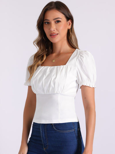 Allegra K Square Neck Ruched Puff Sleeve Cropped Blouse