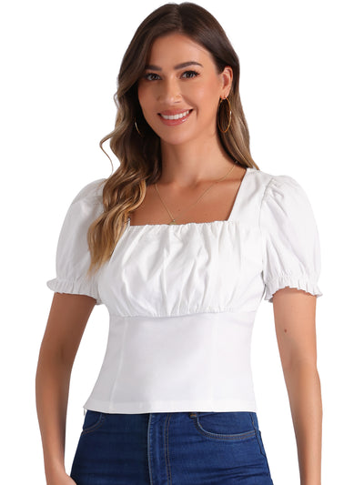 Square Neck Ruched Puff Sleeve Cropped Blouse