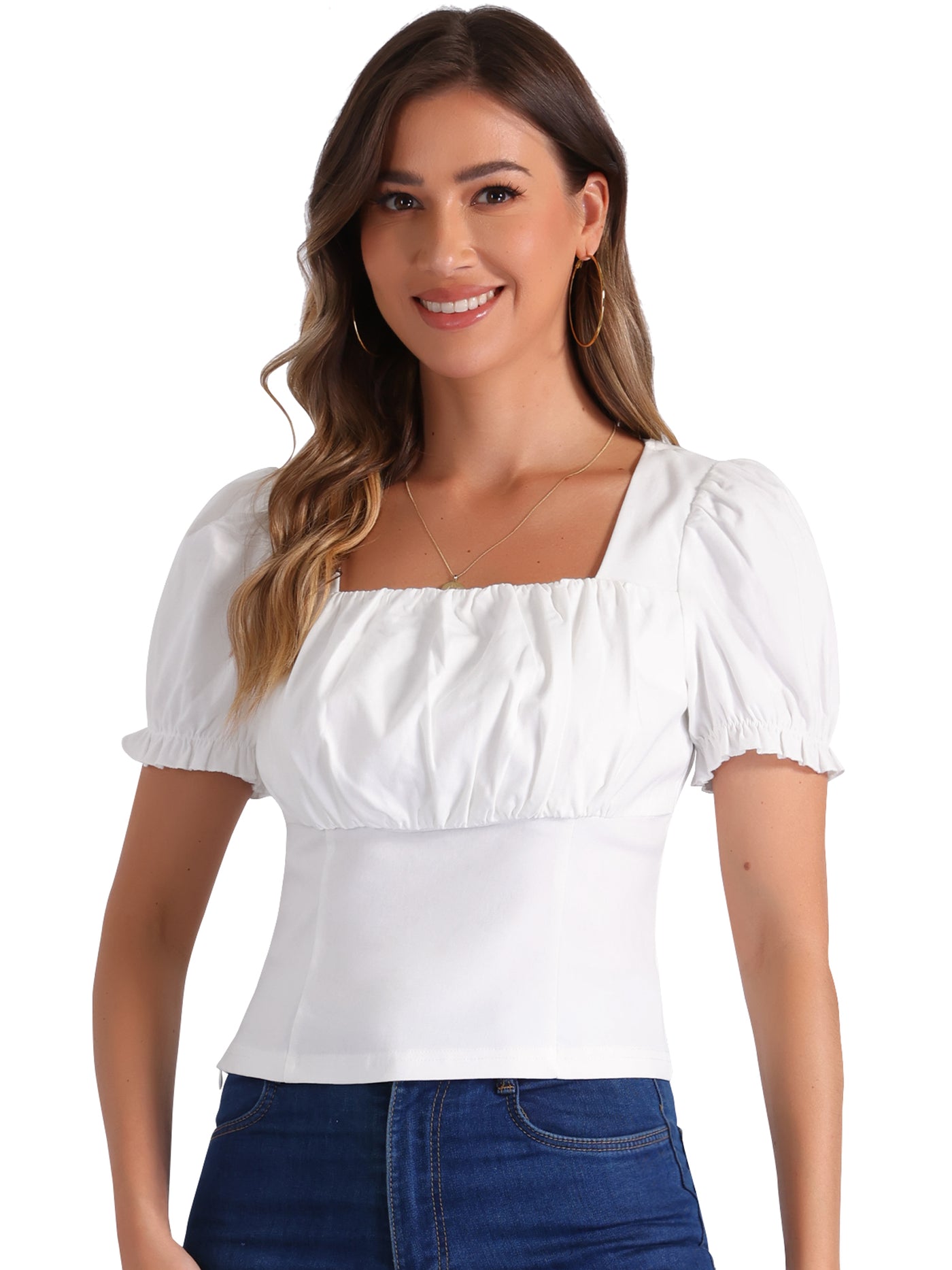 Allegra K Square Neck Ruched Puff Sleeve Cropped Blouse