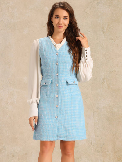 V Neck Button Down Pockets Vintage Sleeveless Plaid Tweed Dress