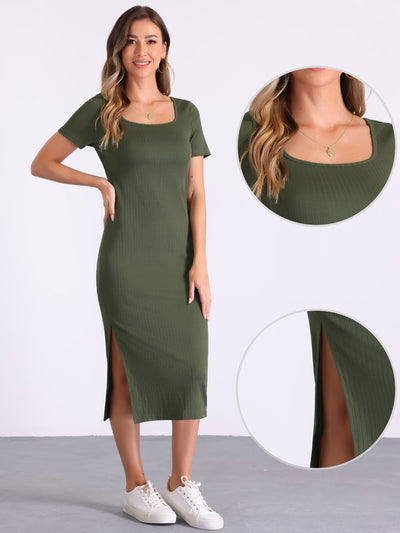 Short Sleeve Solid Color Slit Bodycon Midi Dress