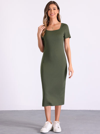 Short Sleeve Solid Color Slit Bodycon Midi Dress