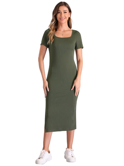 Short Sleeve Solid Color Slit Bodycon Midi Dress