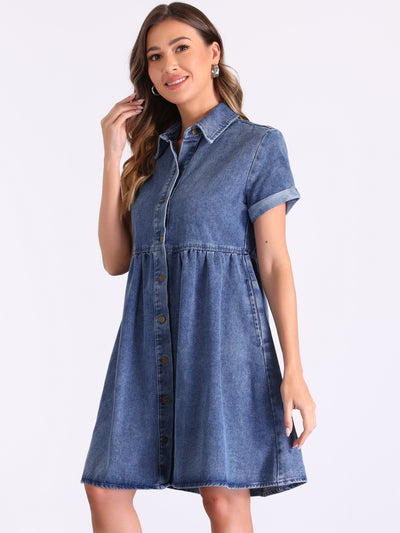 Allegra K Denim Collared Pocketed Short Sleeve Babydoll Jean Dress