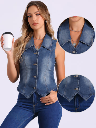 Allegra K Sleeveless Collared Button Down Denim Vest