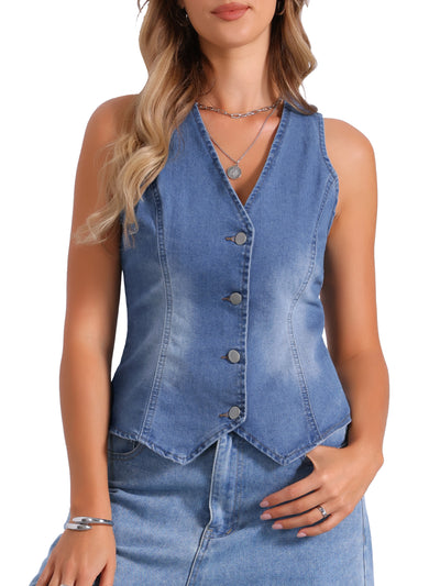 Denim Sleeveless Button Down Jean Waistcoat Vest