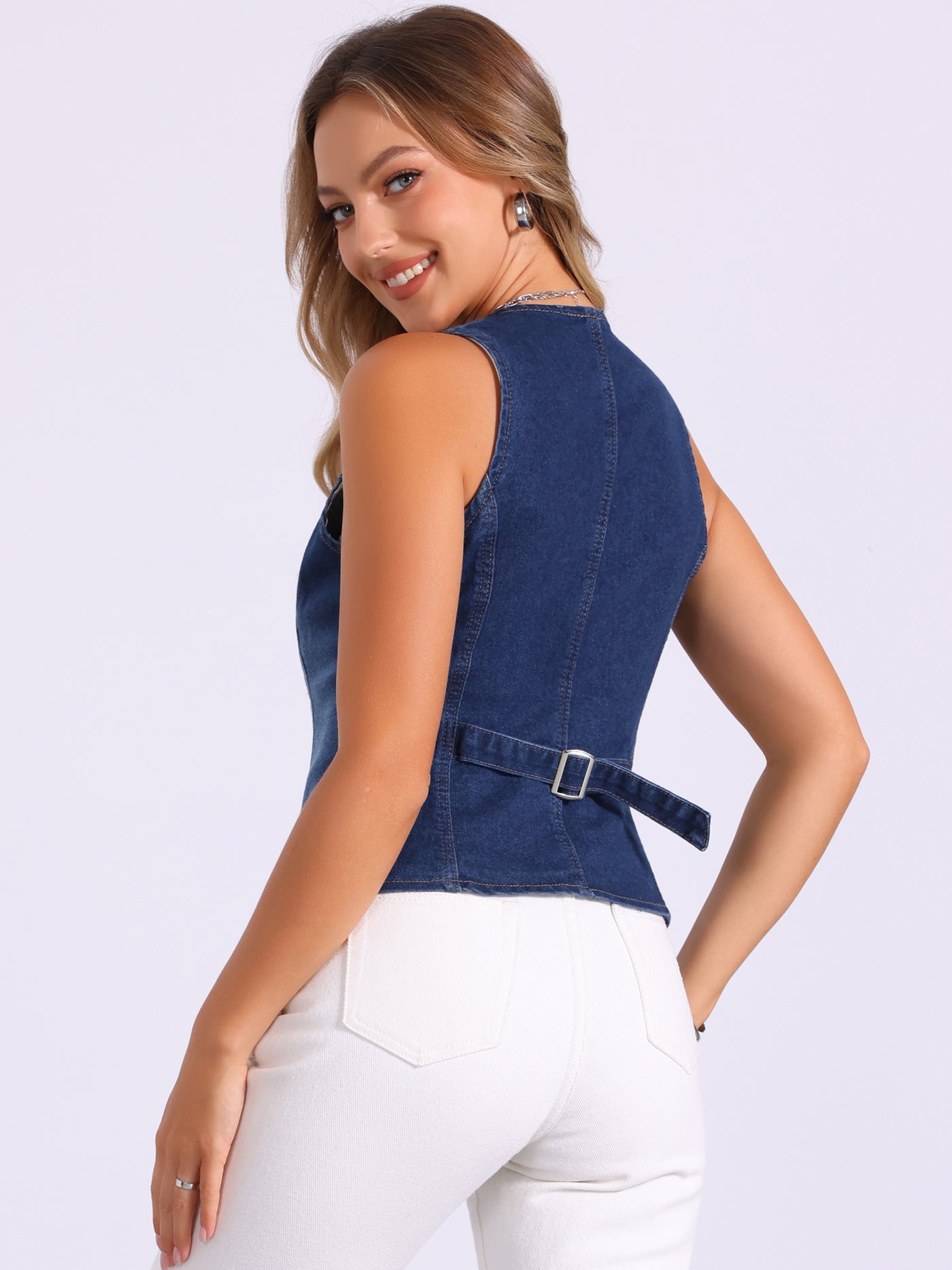 Allegra K Denim Sleeveless Button Down Jean Waistcoat Vest