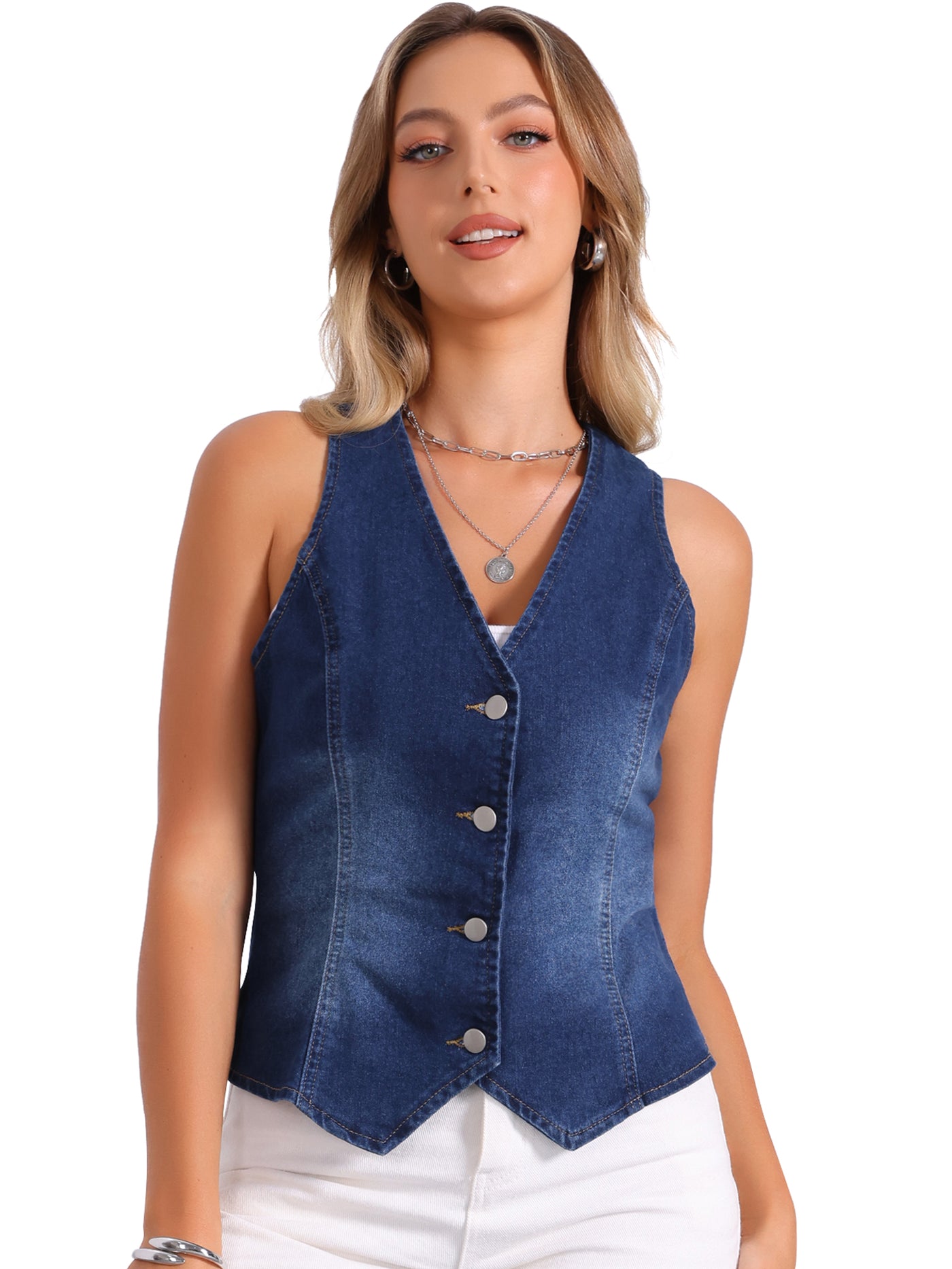 Allegra K Denim Sleeveless Button Down Jean Waistcoat Vest