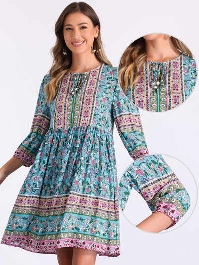 Boho Floral Tie Neck 3/4 Sleeves Pocketed Midi Dress