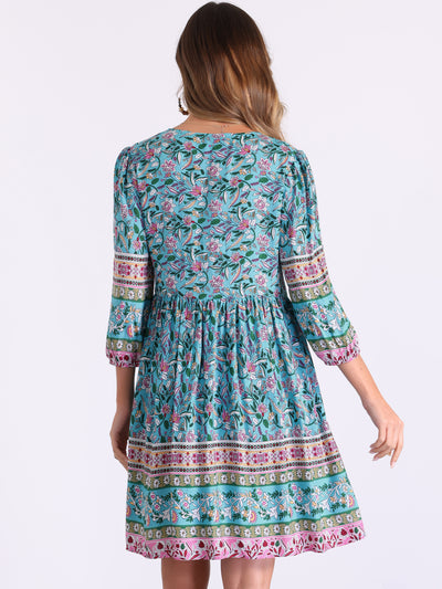 Boho Floral Tie Neck 3/4 Sleeves Pocketed Midi Dress