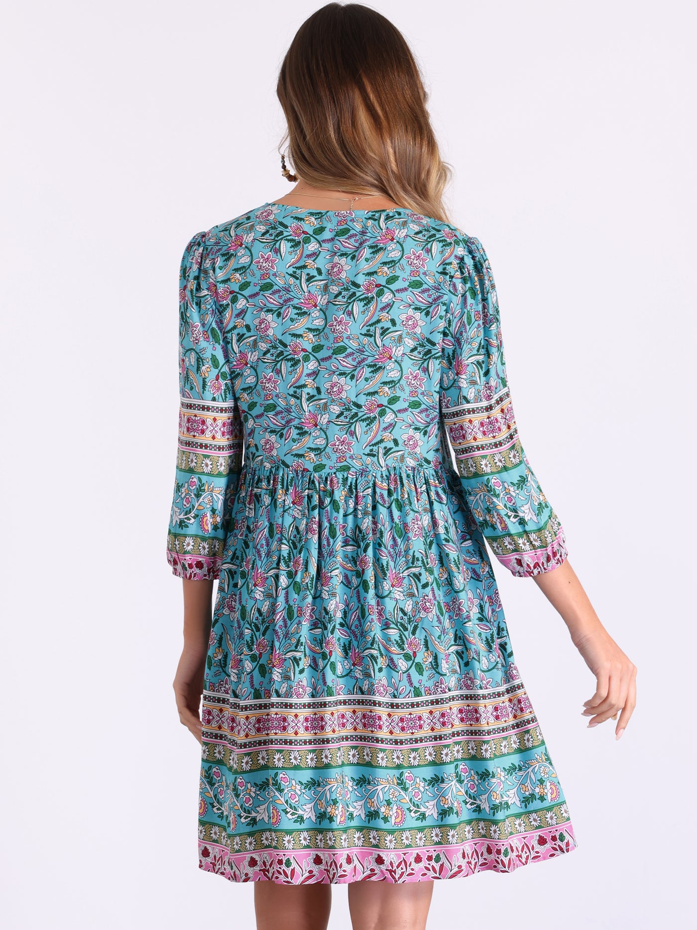 Allegra K Boho Floral Tie Neck 3/4 Sleeves Pocketed Midi Dress