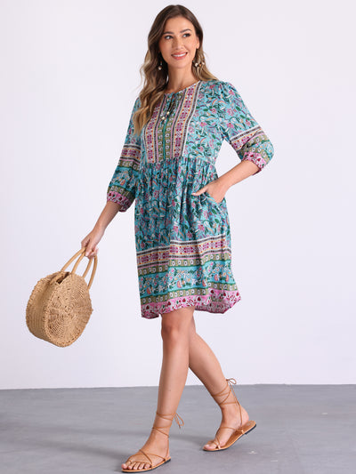 Boho Floral Tie Neck 3/4 Sleeves Pocketed Midi Dress