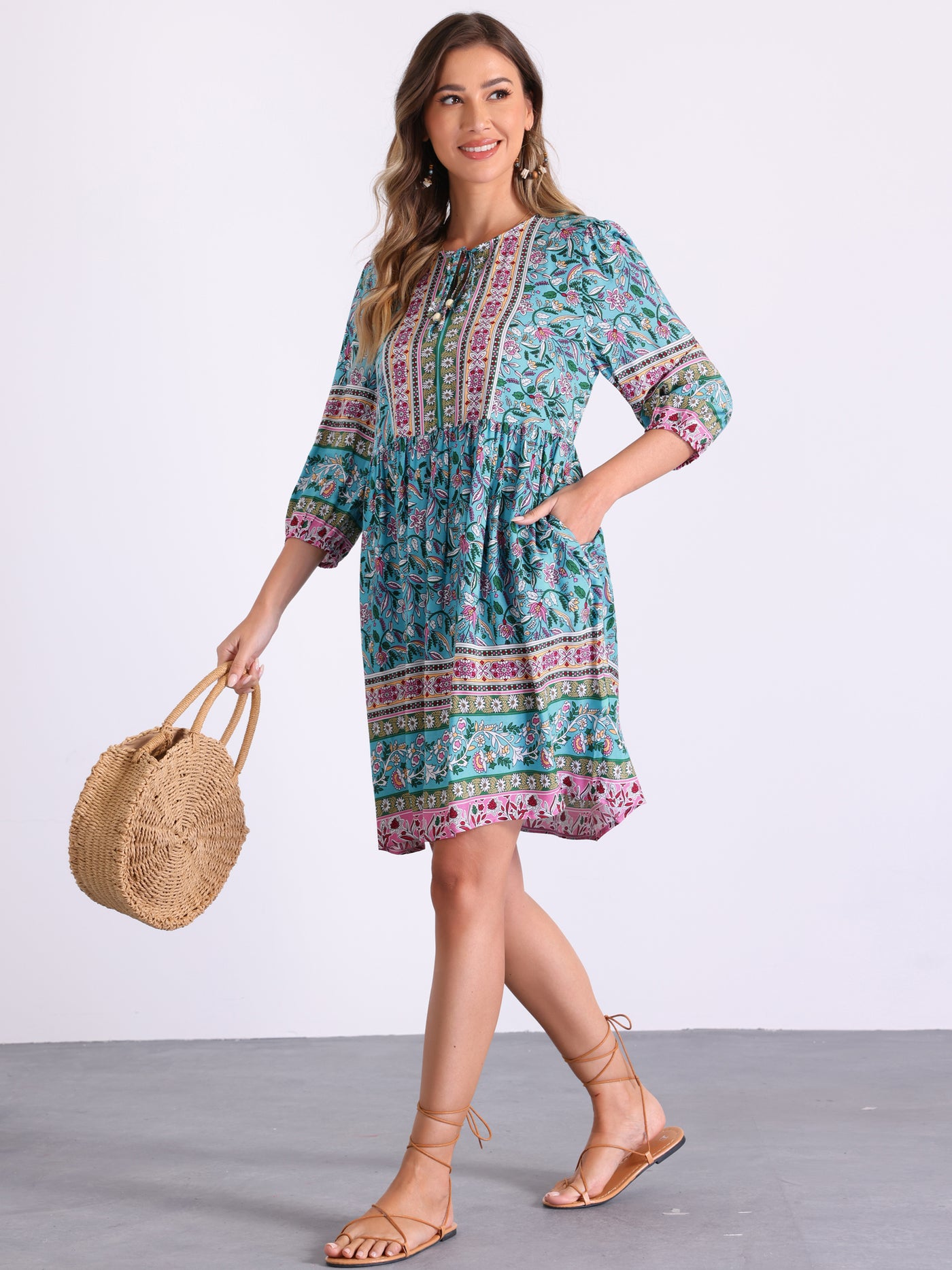 Allegra K Boho Floral Tie Neck 3/4 Sleeves Pocketed Midi Dress