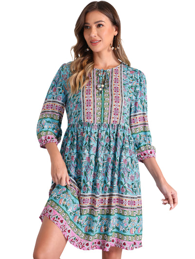 Boho Floral Tie Neck 3/4 Sleeves Pocketed Midi Dress