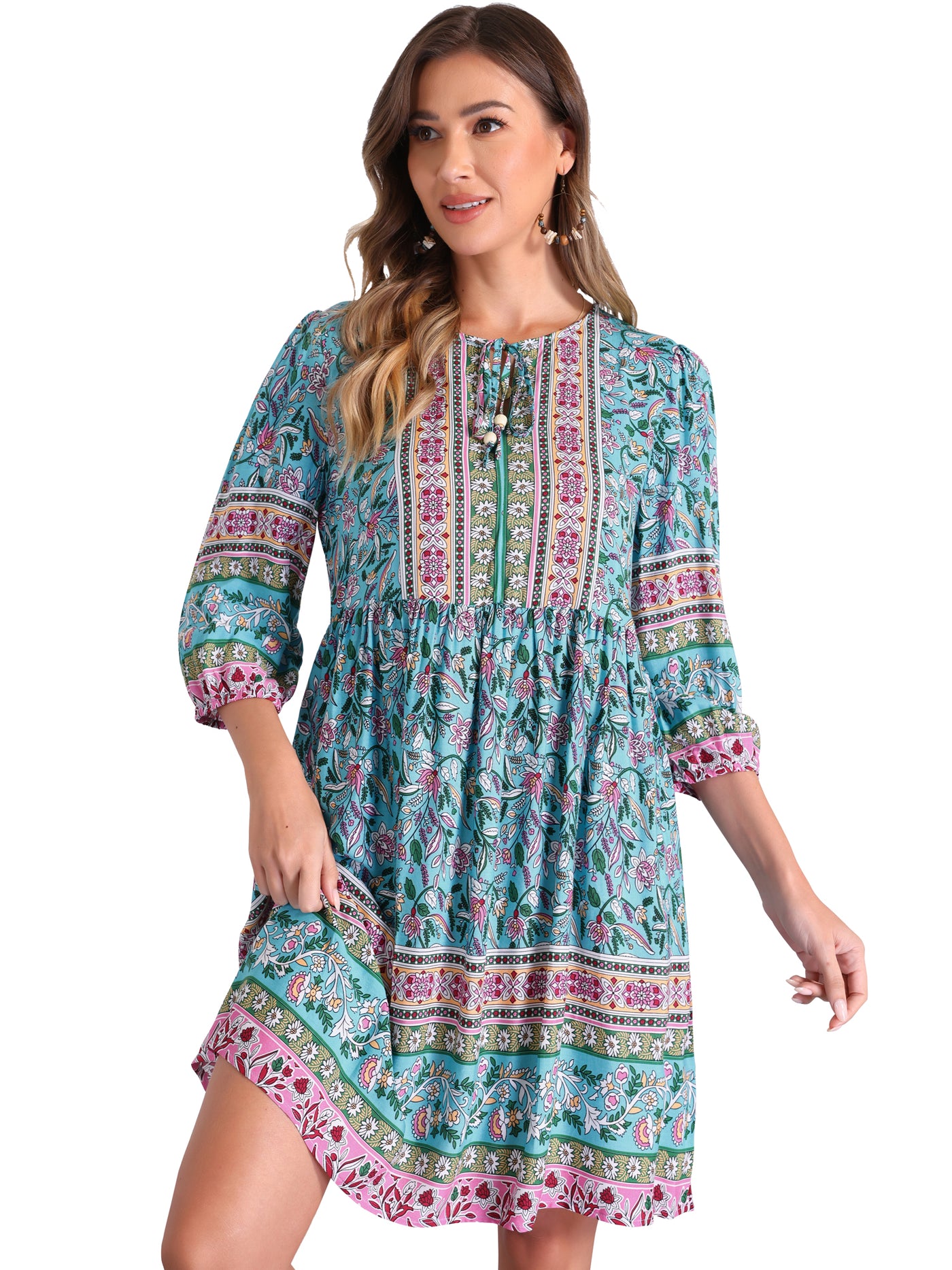 Allegra K Boho Floral Tie Neck 3/4 Sleeves Pocketed Midi Dress