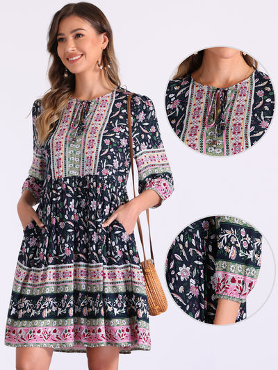 Boho Floral Tie Neck 3/4 Sleeves Pocketed Midi Dress