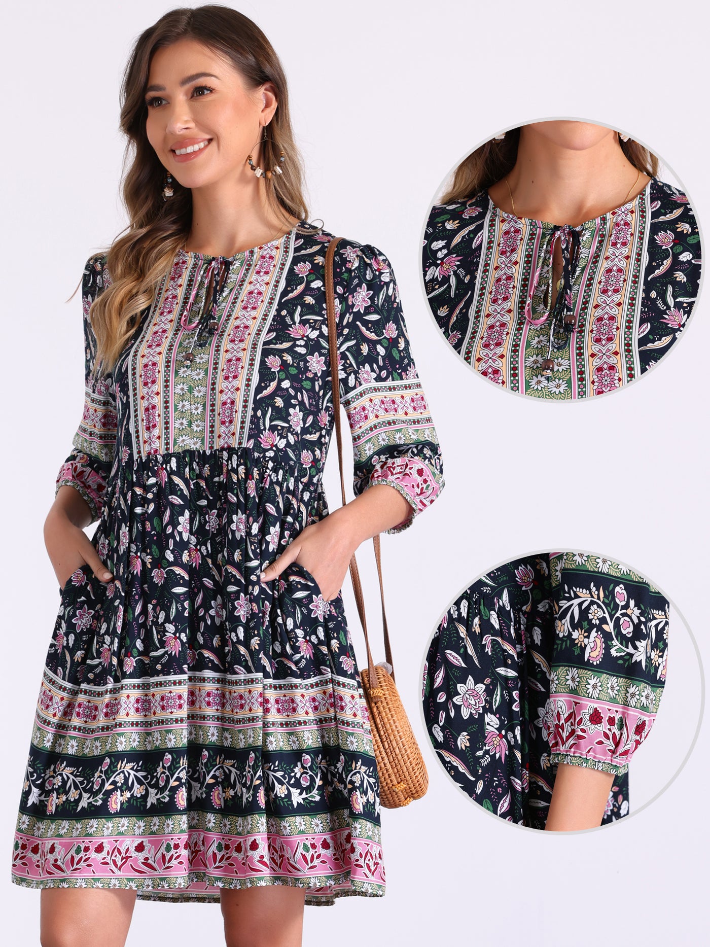 Allegra K Boho Floral Tie Neck 3/4 Sleeves Pocketed Midi Dress