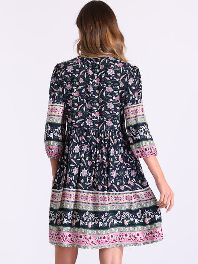 Boho Floral Tie Neck 3/4 Sleeves Pocketed Midi Dress