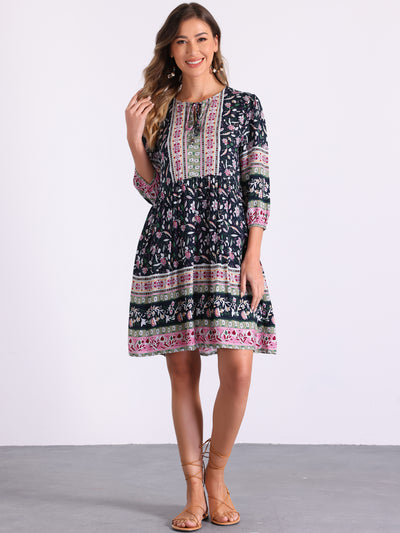 Boho Floral Tie Neck 3/4 Sleeves Pocketed Midi Dress