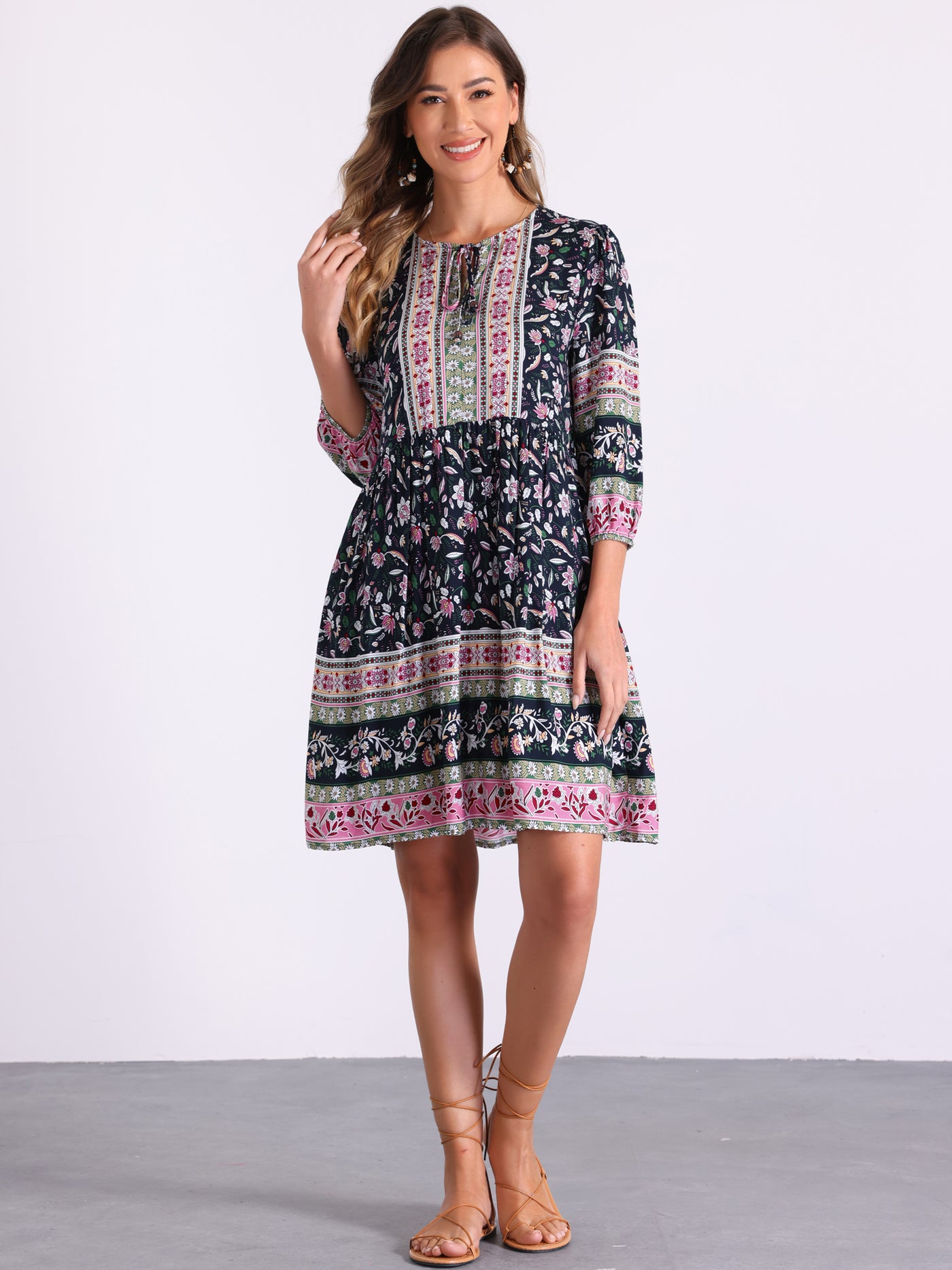 Allegra K Boho Floral Tie Neck 3/4 Sleeves Pocketed Midi Dress