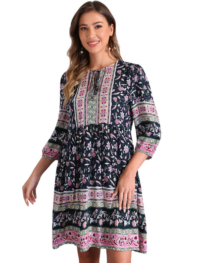 Boho Floral Tie Neck 3/4 Sleeves Pocketed Midi Dress