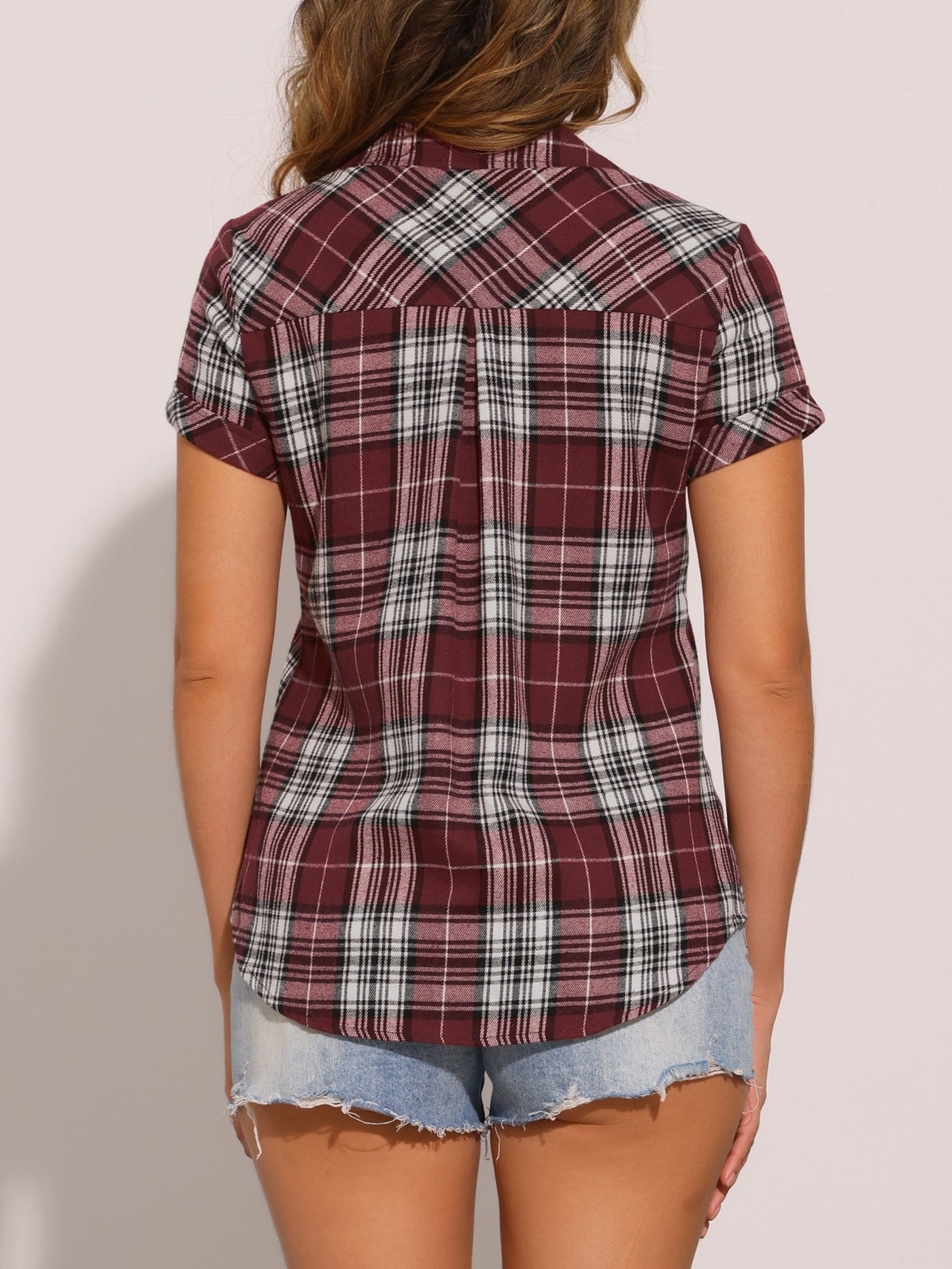 Allegra K Cotton Classic Button Down Plaid Short Sleeve Shirt