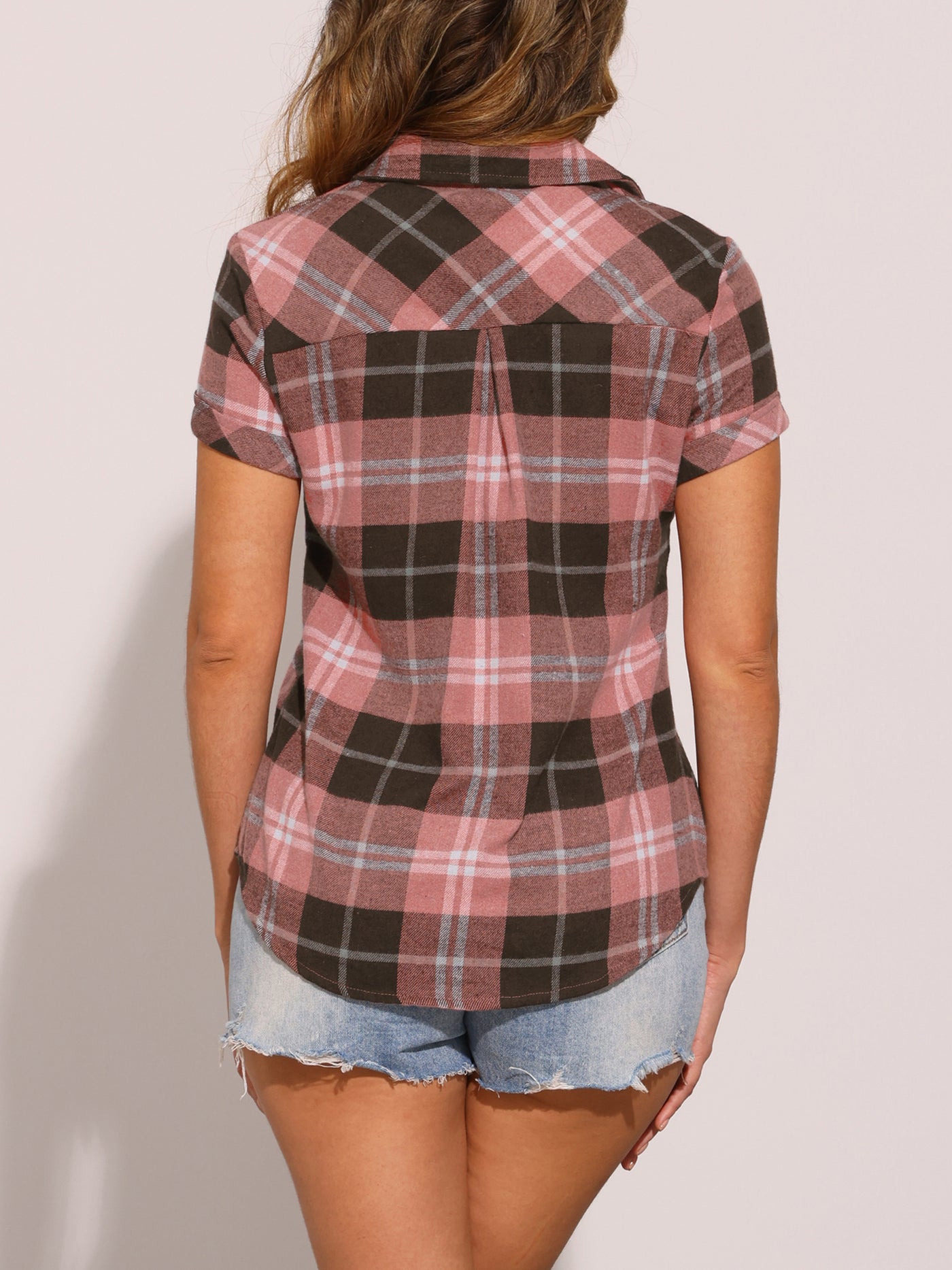 Allegra K Cotton Classic Button Down Plaid Short Sleeve Shirt