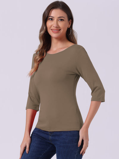 Casual Boat Neck Elbow Sleeve Solid Basic T-shirt