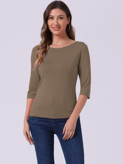 Casual Boat Neck Elbow Sleeve Solid Basic T-shirt