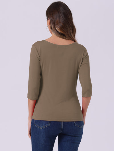 Casual Boat Neck Elbow Sleeve Solid Basic T-shirt